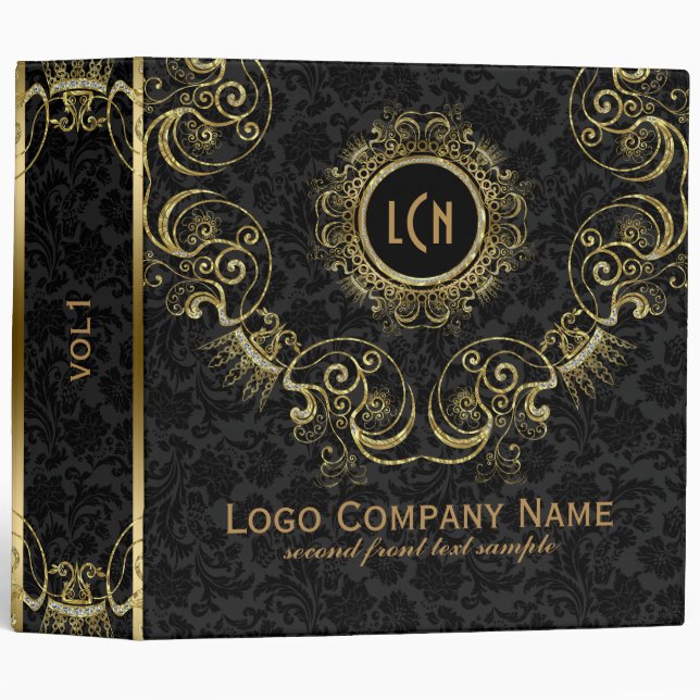 Elegant Black & Gold, Glitter Floral Frame Binder (Front/Spine)