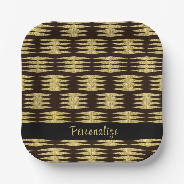 Elegant Black Gold Glitter Geometric Pattern Paper Plate (Front)