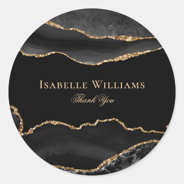 Elegant Black Gold Glitter Marble Agate Customize Classic Round Sticker (Front)