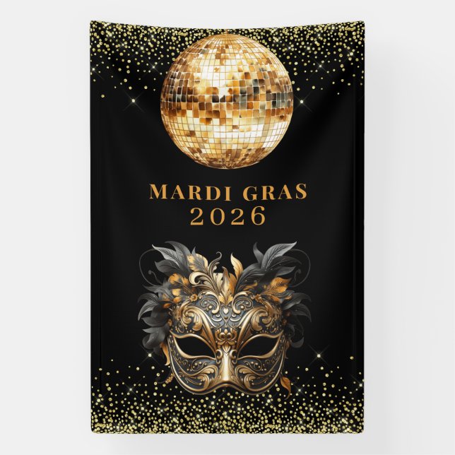 Elegant Black Gold Glitter Mardi Gras 2026 Banner (Vertical)