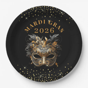 Elegant Black Gold Glitter Mardi Gras 2026 Paper Plate