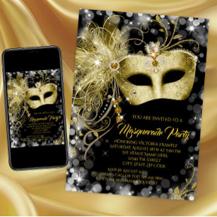 Elegant Black Gold Glitter Masquerade Party Invitation