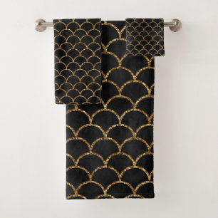 Elegant Black Gold Glitter Mermaid Scales Trendy Bath Towel Set