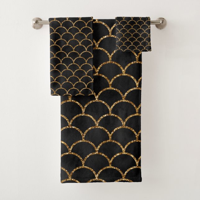 Elegant Black Gold Glitter Mermaid Scales Trendy Bath Towel Set (Insitu)