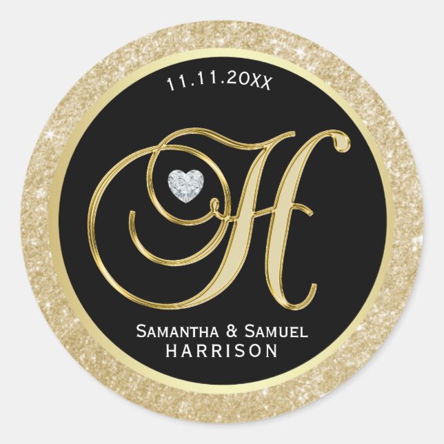 Elegant Black Gold Glitter Monogram Letter 'H' Classic Round Sticker (Front)