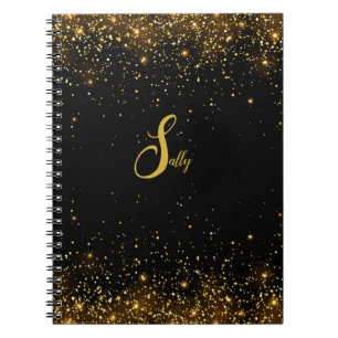 Elegant Black & Gold Glitter Monogram Script Name  Notebook