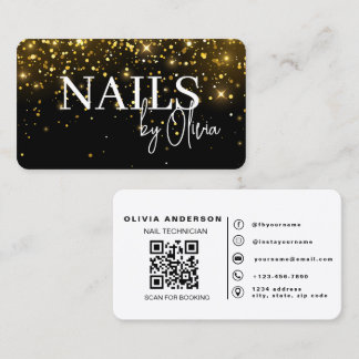 Elegant Black Gold Glitter Nail Technician QR Code Business Card