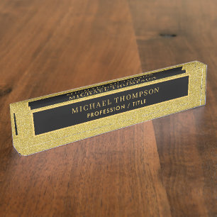Elegant Black Gold Glitter Personalized Name  Nameplate