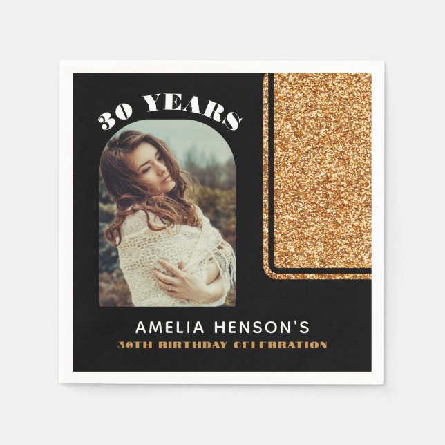 Elegant Black Gold Glitter Photo 30th Birthday  Napkin (Front)