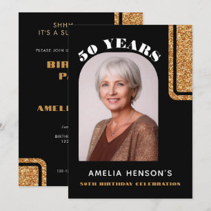 Elegant Black Gold Glitter Photo 50th Birthday Invitation
