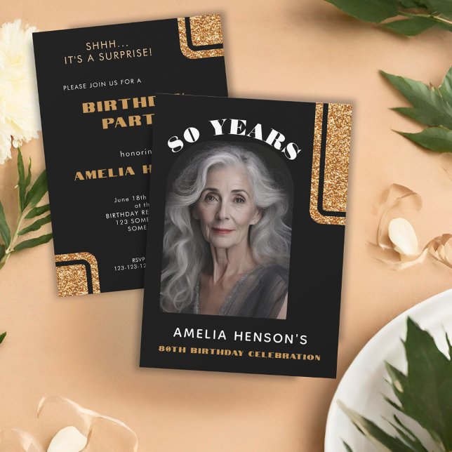 Elegant Black Gold Glitter Photo 80th Birthday Invitation (Creator Uploaded)