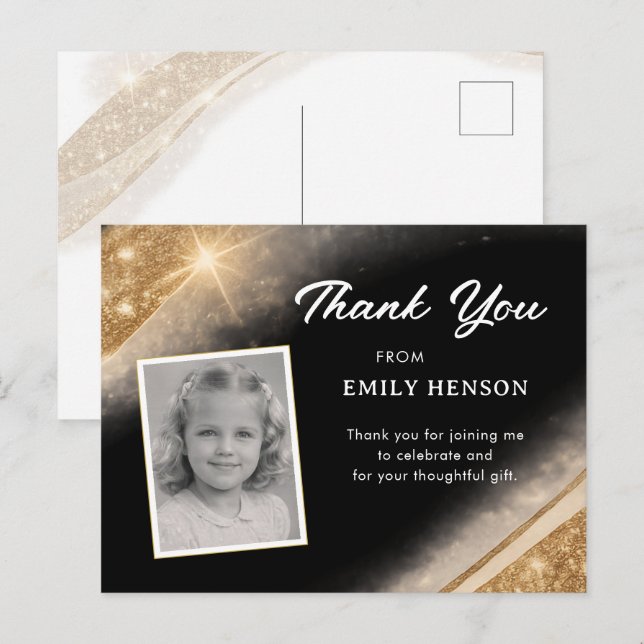 Elegant Black Gold Glitter Photo Birthday Postcard (Front/Back)