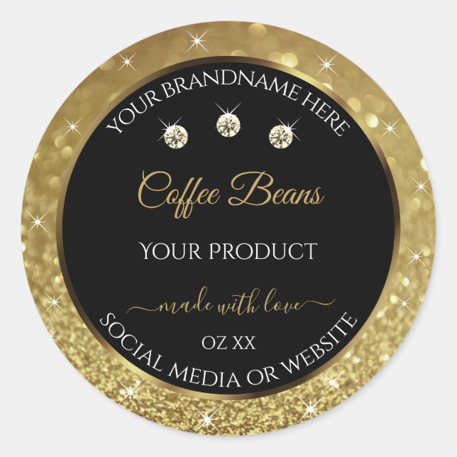 Elegant Black Gold Glitter Product Labels Jewels (Front)