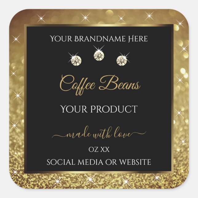 Elegant Black Gold Glitter Product Labels Jewels (Front)
