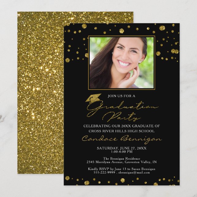 Elegant Black Gold Glitter Script Graduate Invitation (Front/Back)
