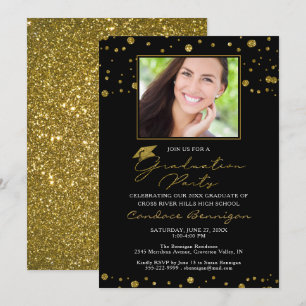 Elegant Black Gold Glitter Script Graduate Invitation