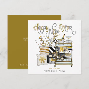 Elegant Black Gold Glitter Script Happy New Year Holiday Card