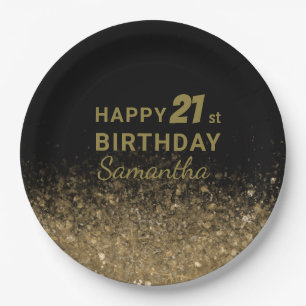 Elegant Black & Gold Glitter Sparkle Birthday Pape Paper Plate