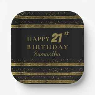 Elegant Black & Gold Glitter Sparkle Birthday Paper Plate