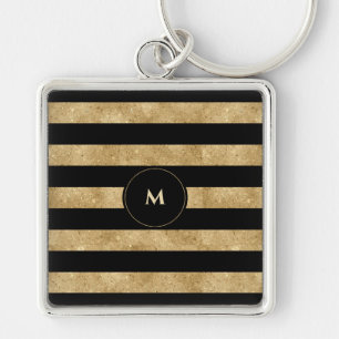 Elegant Black Gold Glitter Striped Monogram Keychain