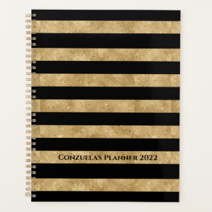 Elegant Black Gold Glitter Striped Planner