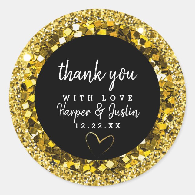 Elegant BLACK Gold Glitter Thank You Classic Round Sticker (Front)