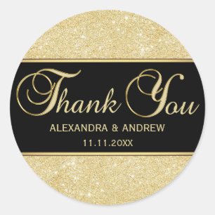 Elegant Black Gold Glitter Thank You Classic Round Sticker