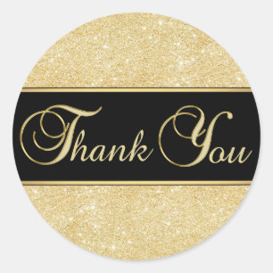 Elegant Black Gold Glitter Thank You Classic Round Sticker
