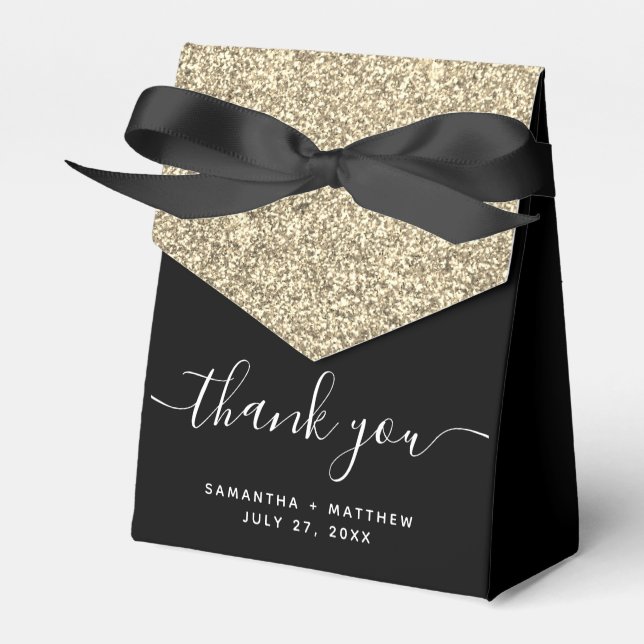 Elegant Black Gold Glitter Thank You Wedding Favor Box (Front Side)