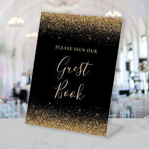 Elegant Black Gold Glitter Wedding Guest Book Pedestal Sign