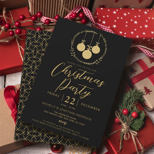 Elegant Black Gold Glitter Wreath Christmas Party Invitation (Elegant Black Gold Glitter Wreath Christmas Party Invitation)