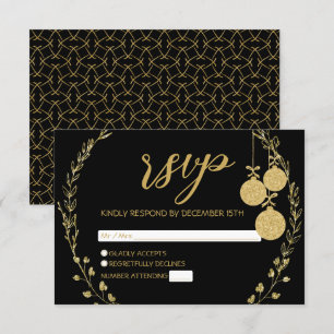 Elegant Black Gold Glitter Wreath Christmas Party RSVP Card