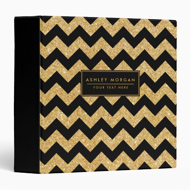Elegant Black Gold Glitter Zigzag Chevron Pattern Binder (Front/Spine)