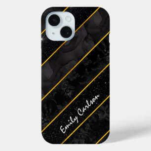 Elegant black gold glittery geometric iPhone 15 case