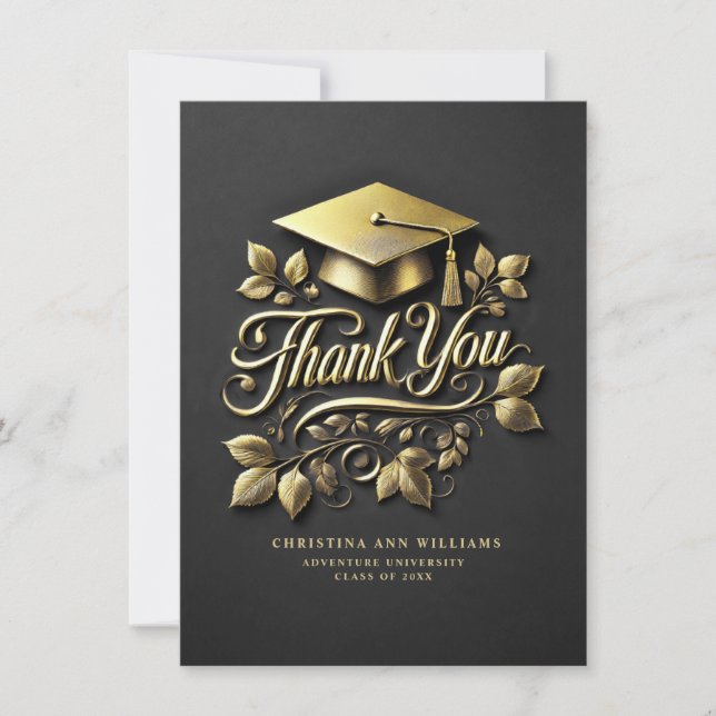 Elegant Black Gold Grad Cap Leaf Graduation Thank You Card (Front)