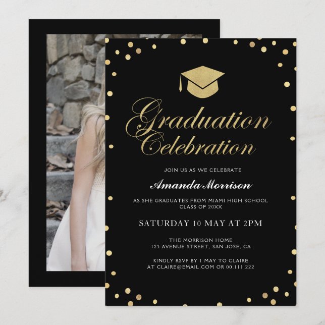 Elegant black & gold grad party invitation (Front/Back)