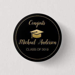 Elegant Black Gold Graduate Cap Graduation Class 1 Inch Round Button