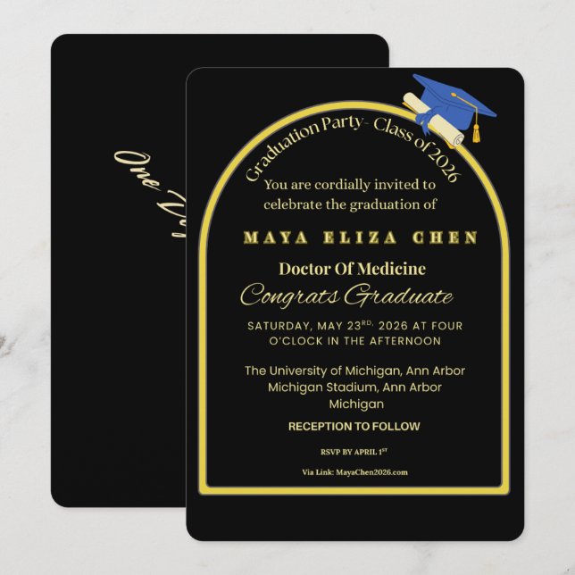 Elegant Black & Gold Graduate Celebration Invite | (Front/Back)