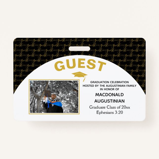 Elegant Black Gold Graduate Guest Badge (Front)