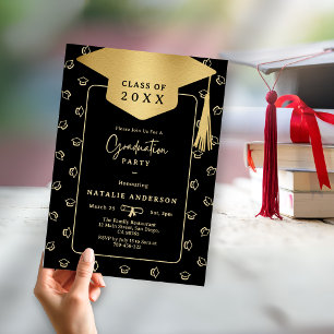 Elegant Black & Gold Graduate Hat Graduation Party Invitation
