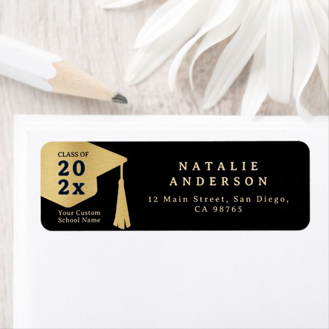 Elegant Black & Gold Graduate Hat Return Address (Insitu)