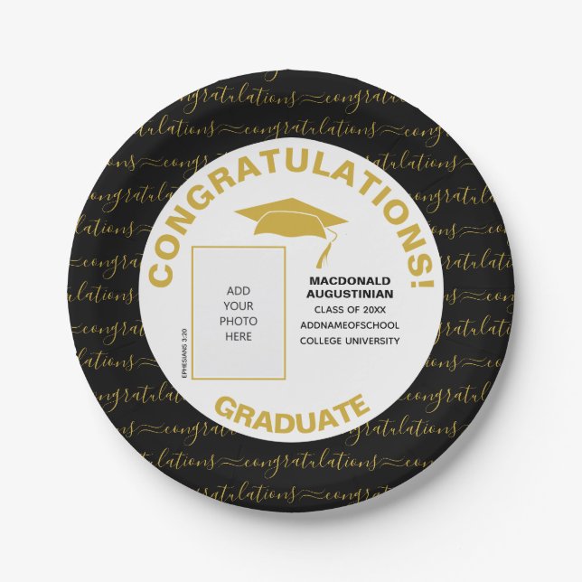 Elegant Black Gold Graduate Photo Paper Plates (Front)