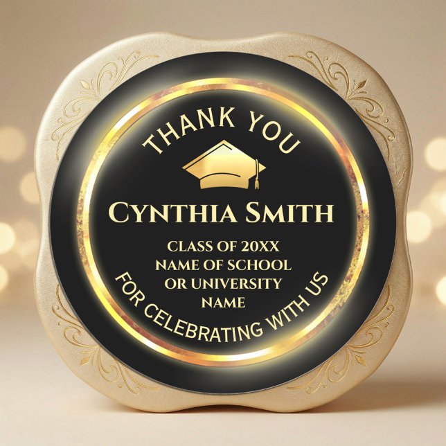 Elegant Black & Gold Graduation  Classic Round Sticker (Elegant Black & Gold Graduation Classic Round Sticker #graduationpartythankyou stickers #elegant)