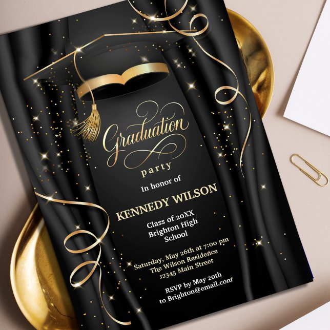 Elegant Black & Gold Graduation Invitation (Elegant Black & Gold Graduation Invitation #grauationblackgold #sparkles #luxuryinvitation #zazzle)