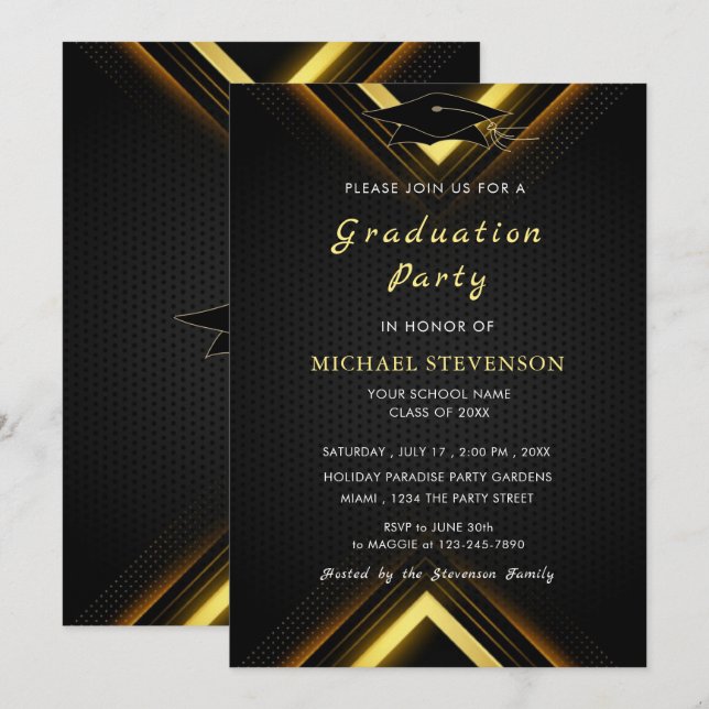 Elegant Black Gold Graduation Invitation (Front/Back)