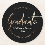 Elegant Black Gold Graduation Party Round Paper Coaster<br><div class="desc">Elegant Unisex Gold and Black Personalized Graduation Party Paper Coasters, gender neutral, for him and her, in a stylish chic template design with "graduate" text script in modern calligraphy made by faux metallic foil. You can change background in any colour for best matching your college or high school branded design....</div>