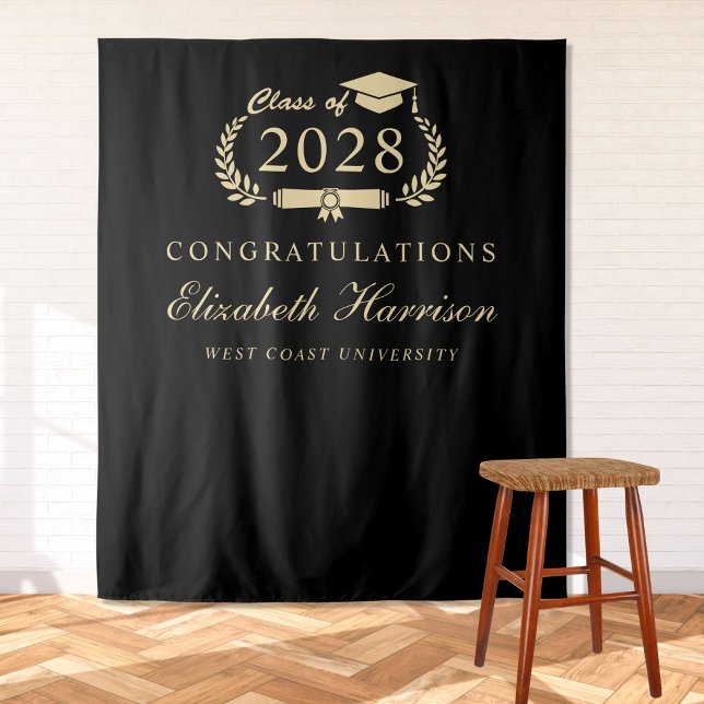 Elegant Black Gold Graduation Party Welcome Tapestry (Creator Uploaded)