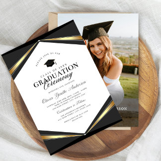 Elegant Black & Gold Graduation Photo Invitation