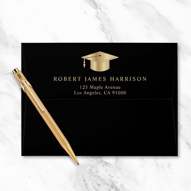 Elegant Black Gold Graduation Return Address Envelope (Creator Uploaded)