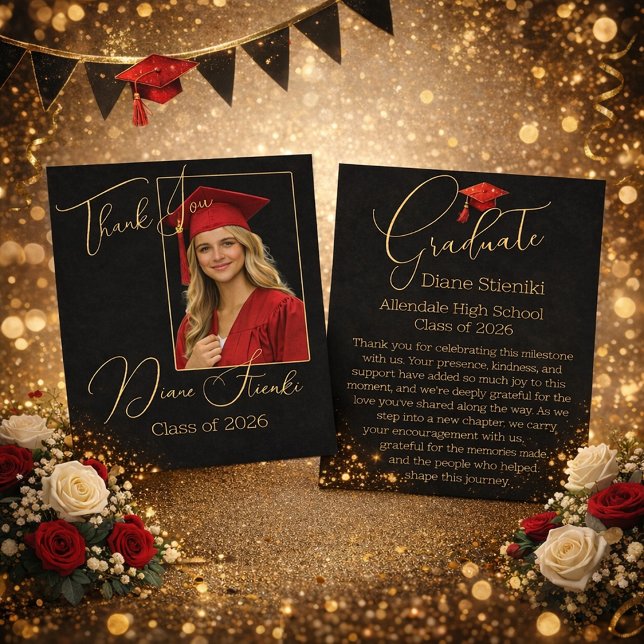 Elegant Black & Gold Graduation Thank You Card (Creator Uploaded)